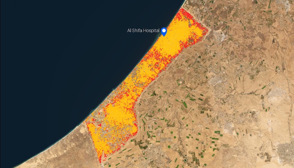 Image from interactive map of Gaza area showing level of war damage.