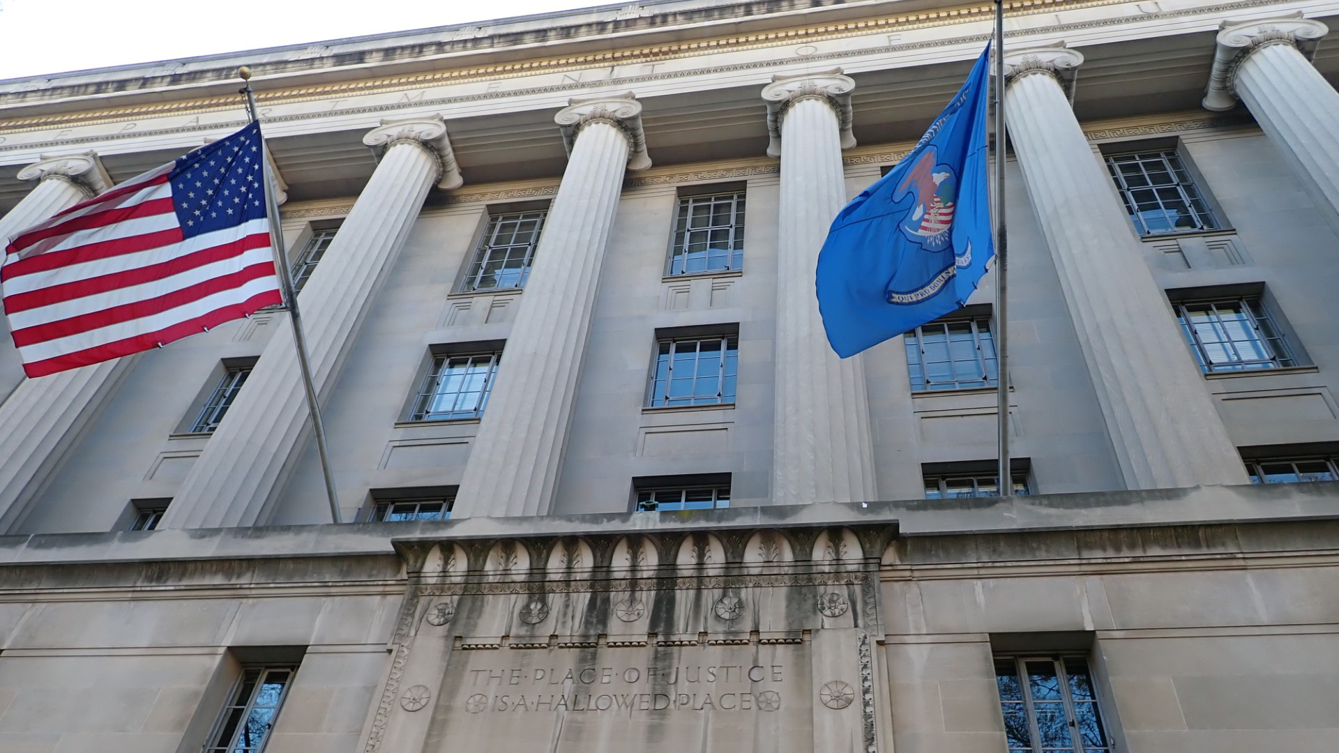 An entrance to the U.S. Department of Justice headquarters building in Washington