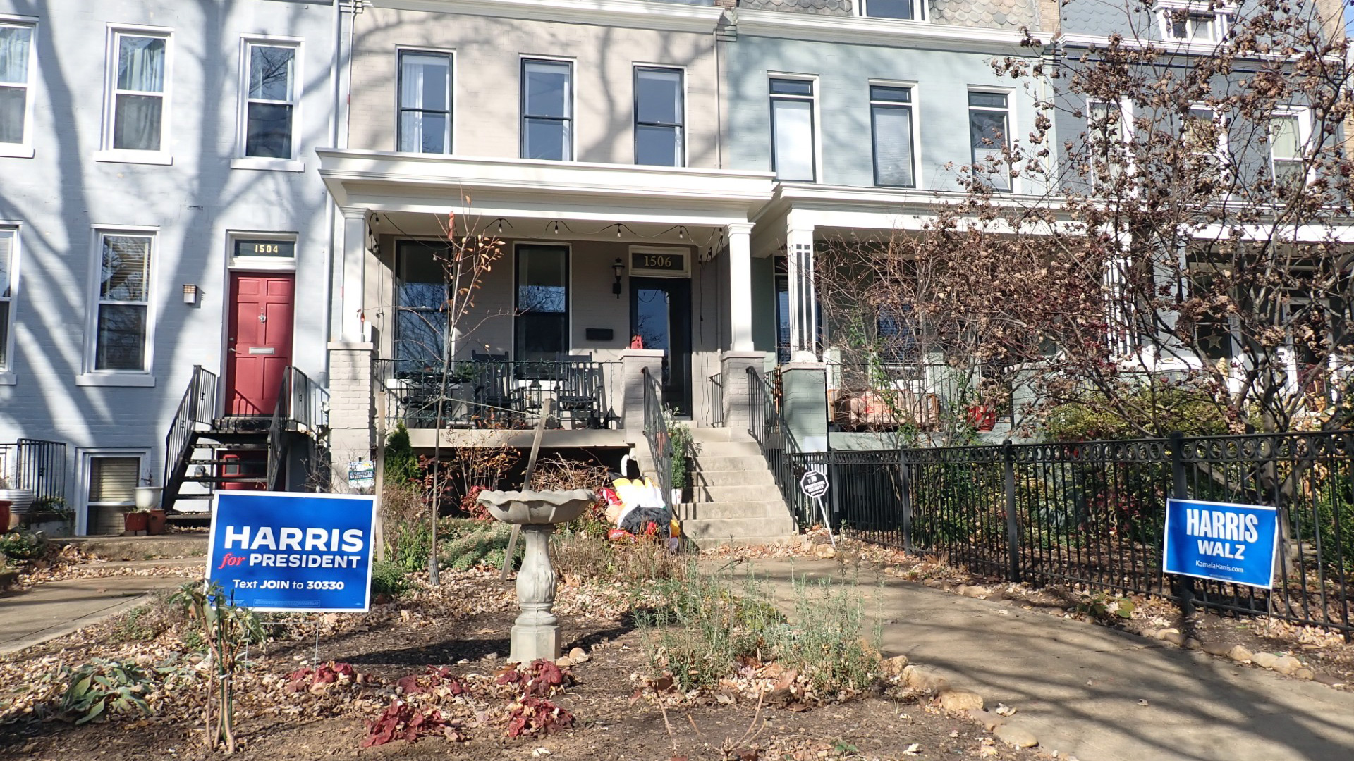 Yard signs supporting Democratic candidate Kamala Harris’ campaign