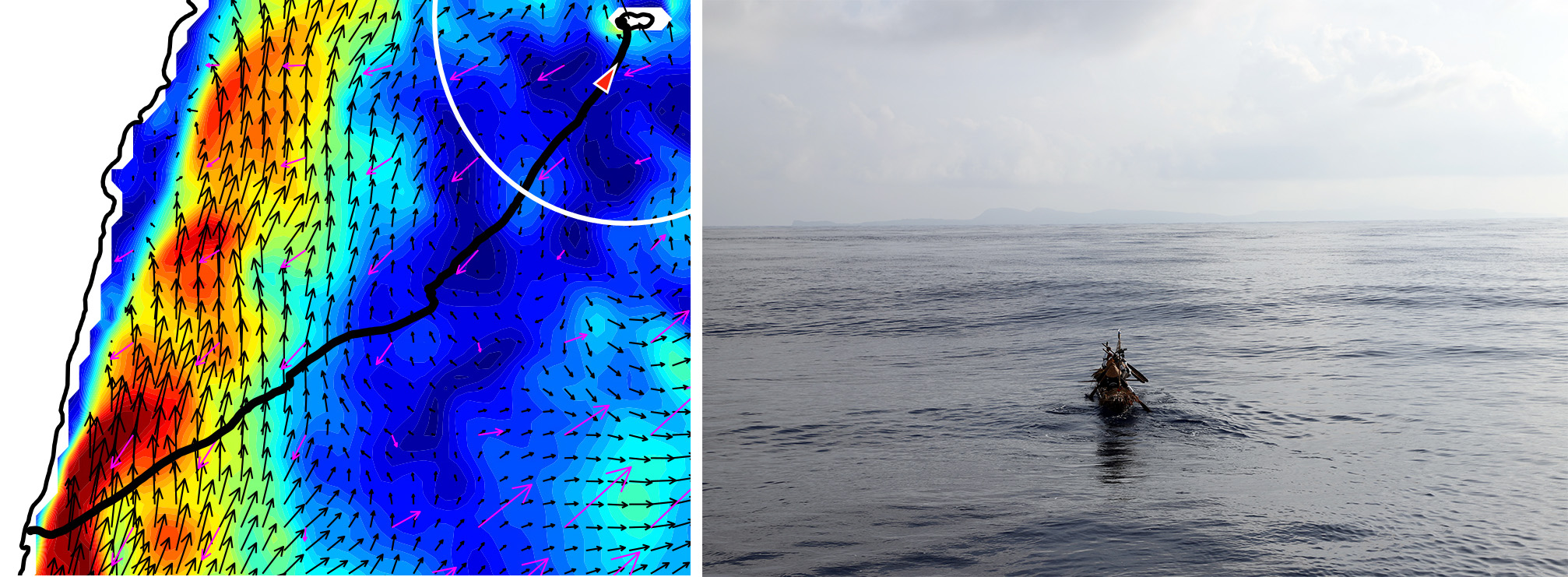 (Left) A colored map layered with arrows. (Right) People rowing a canoe on a calm sea.