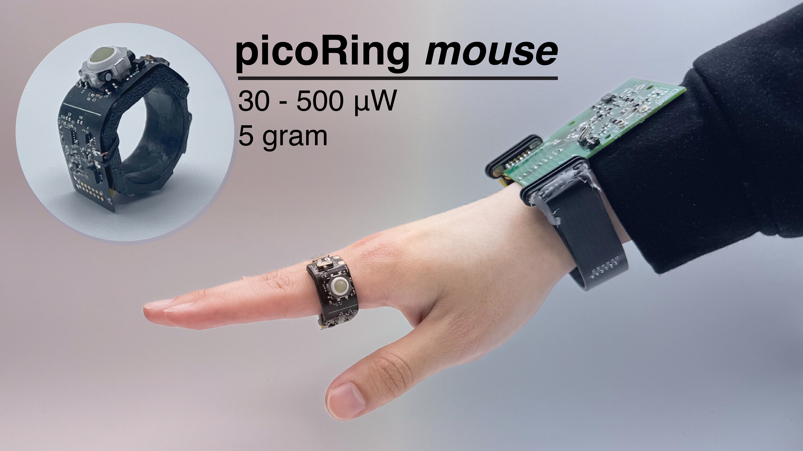 Photograph of a humand hand with a large black ring on the index finger and a thick wristband around the wrist.