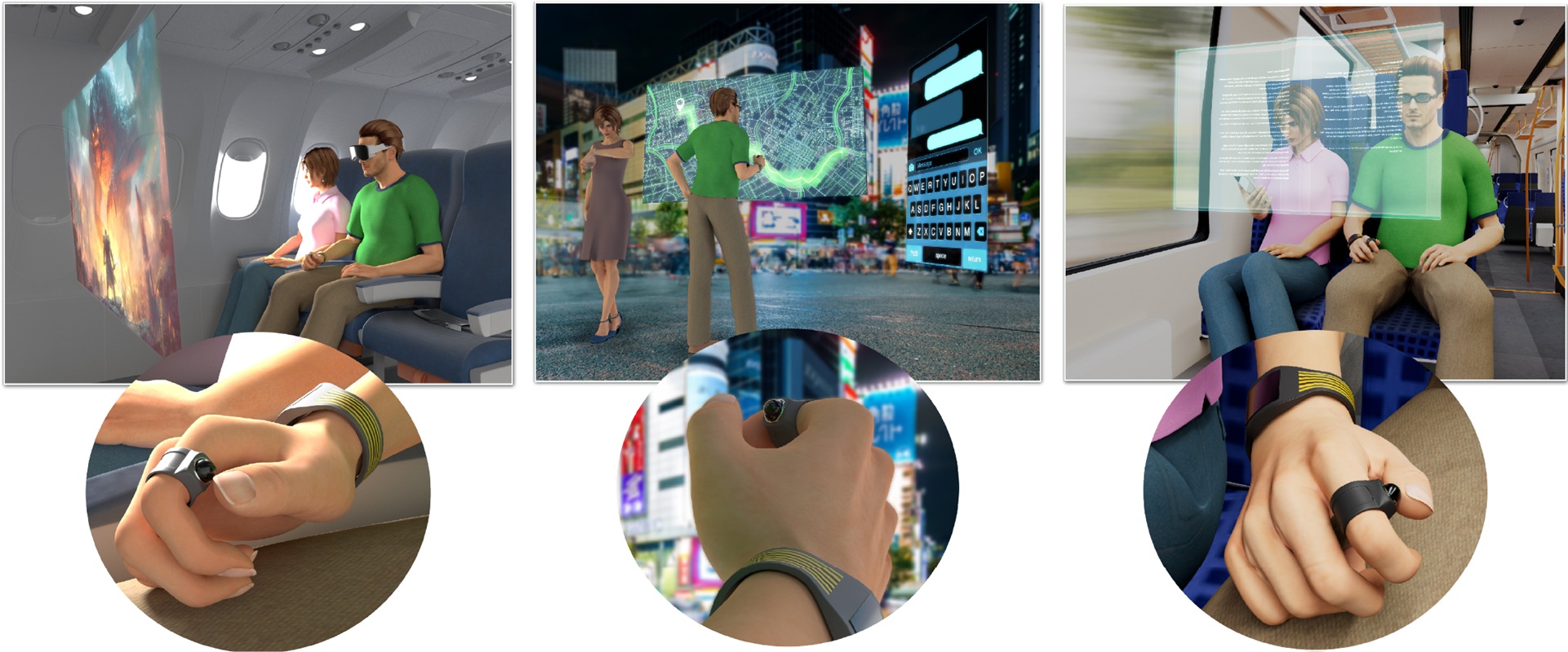 A set of three computer generated images showing a person in a green shirt with a VR headset and wearing the ring.