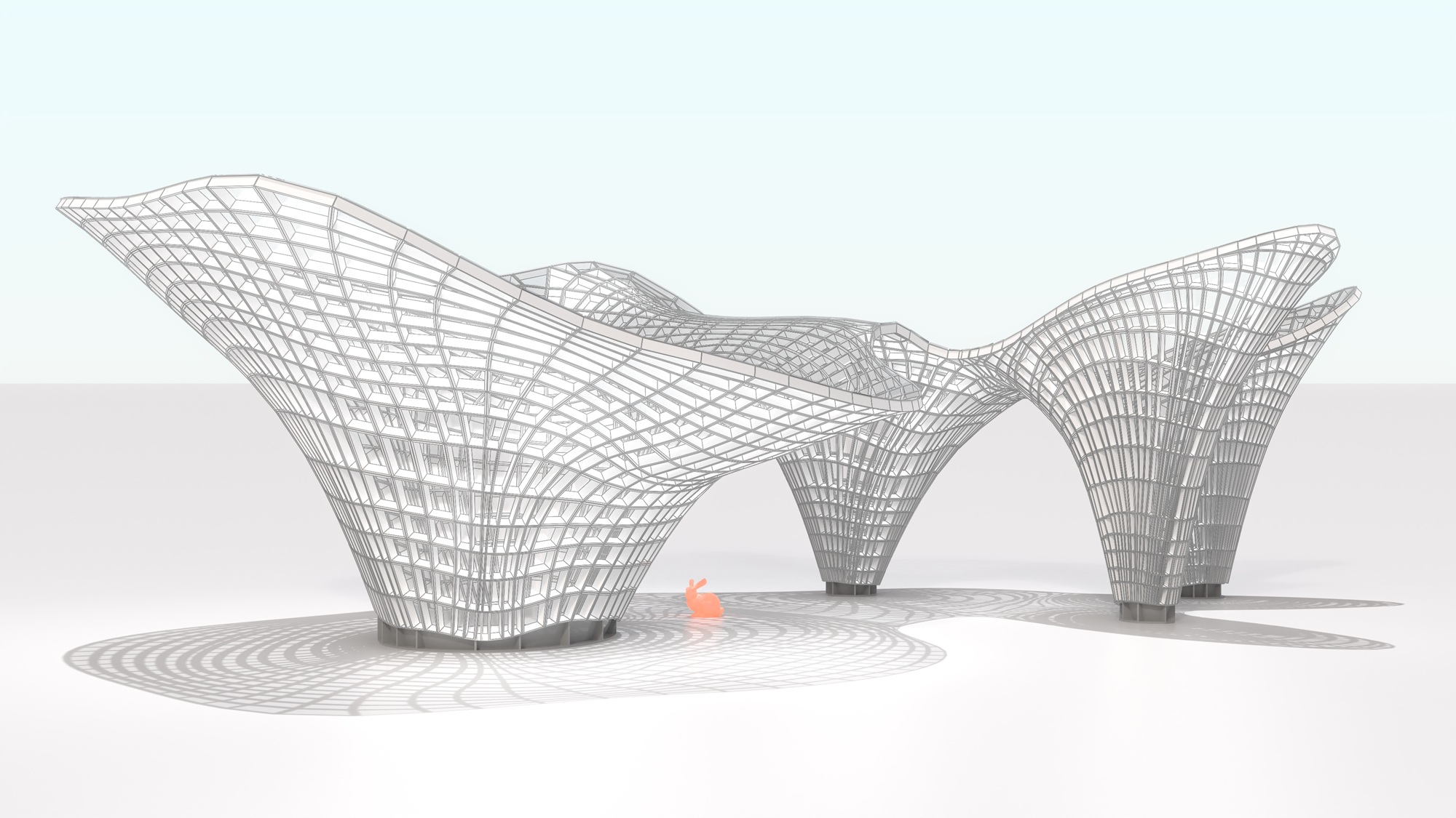 A small orange rabbit standing under a large white mushroom-like grid structure