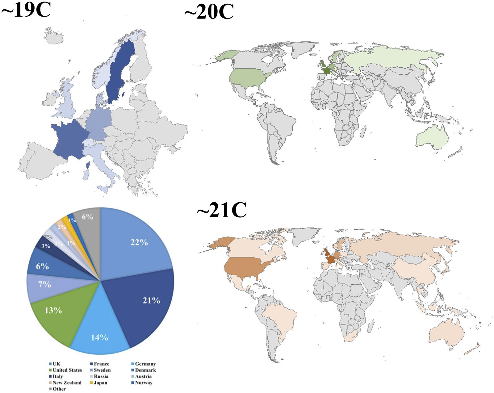 Three maps of the world with some countries highlighted in different colors.