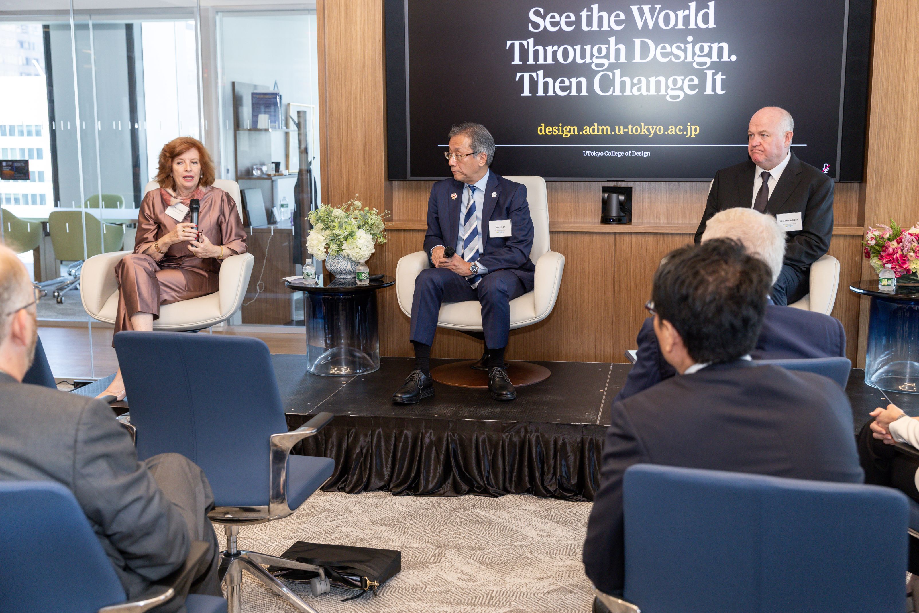 Prof. Merit E. Janow (left), President Teruo Fujii (center) and Prof. Miles Pennington (right) discussing in Panel 1