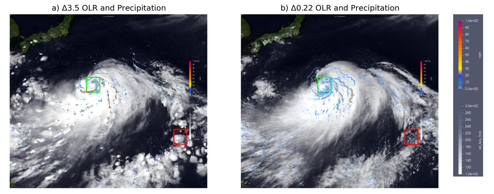 Images from two simulations of Typhoon Omais at multi-kilometer resolution and 200m resolution.