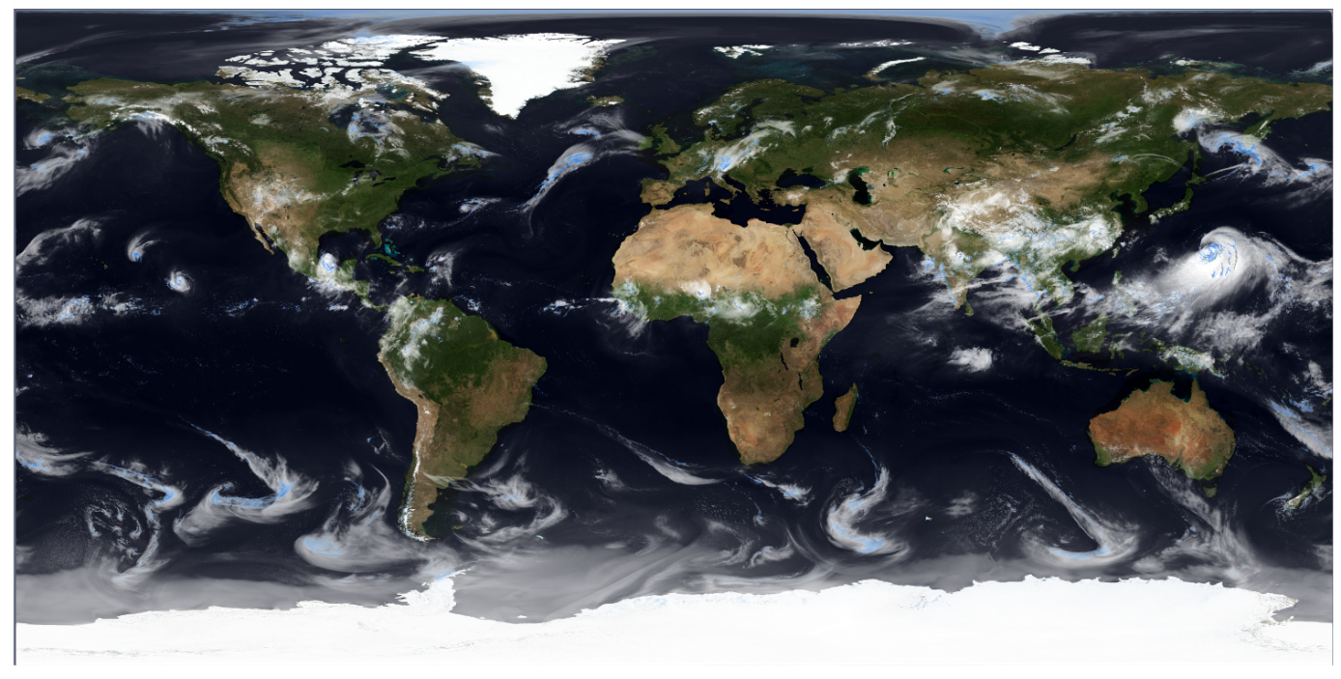 Simulated weather from one-day overlaid on NASA image of Earth to give realistic-looking top-down perspective.